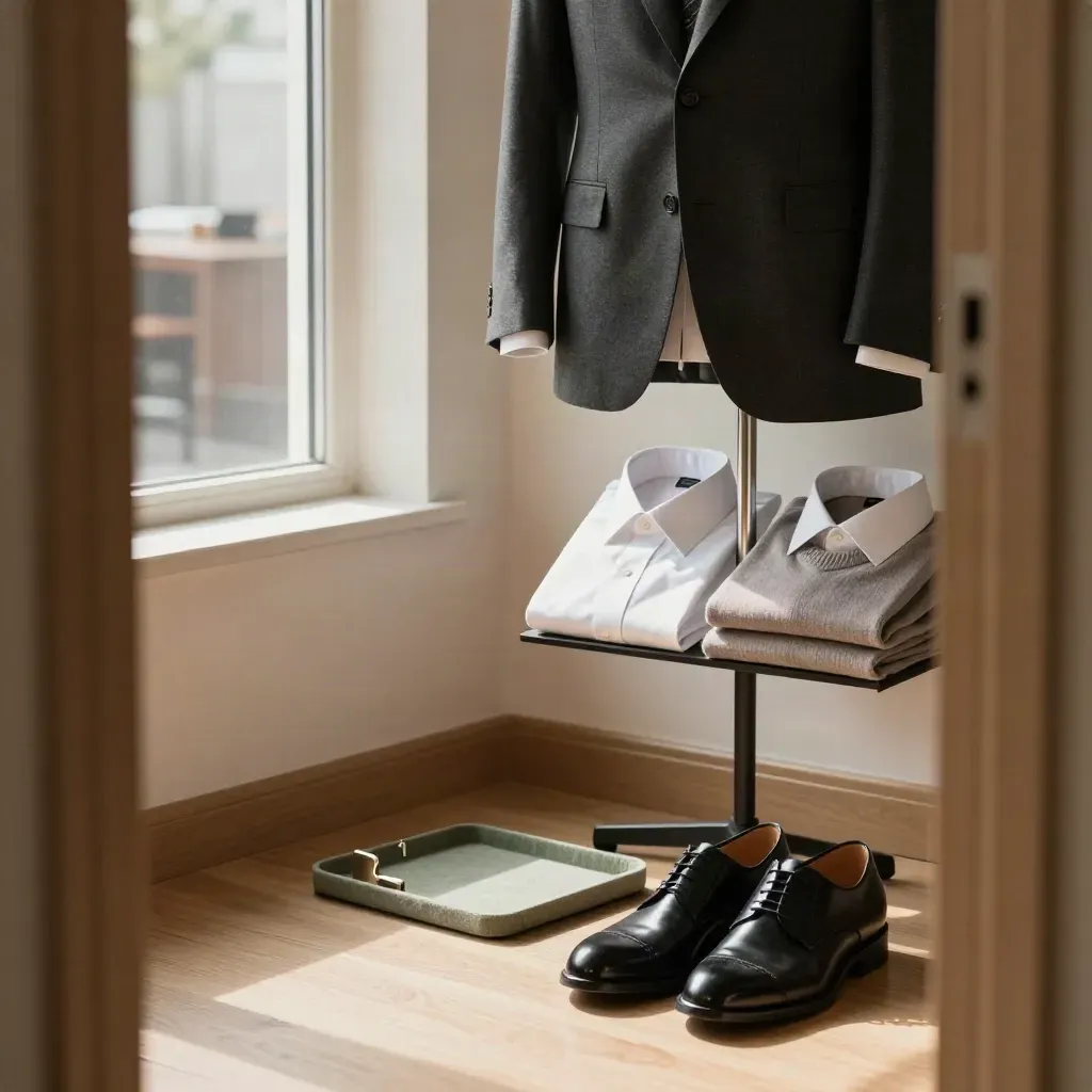 Capsule ufficio elegante con abito scuro, camicie avorio, maglia e scarpe su valet.