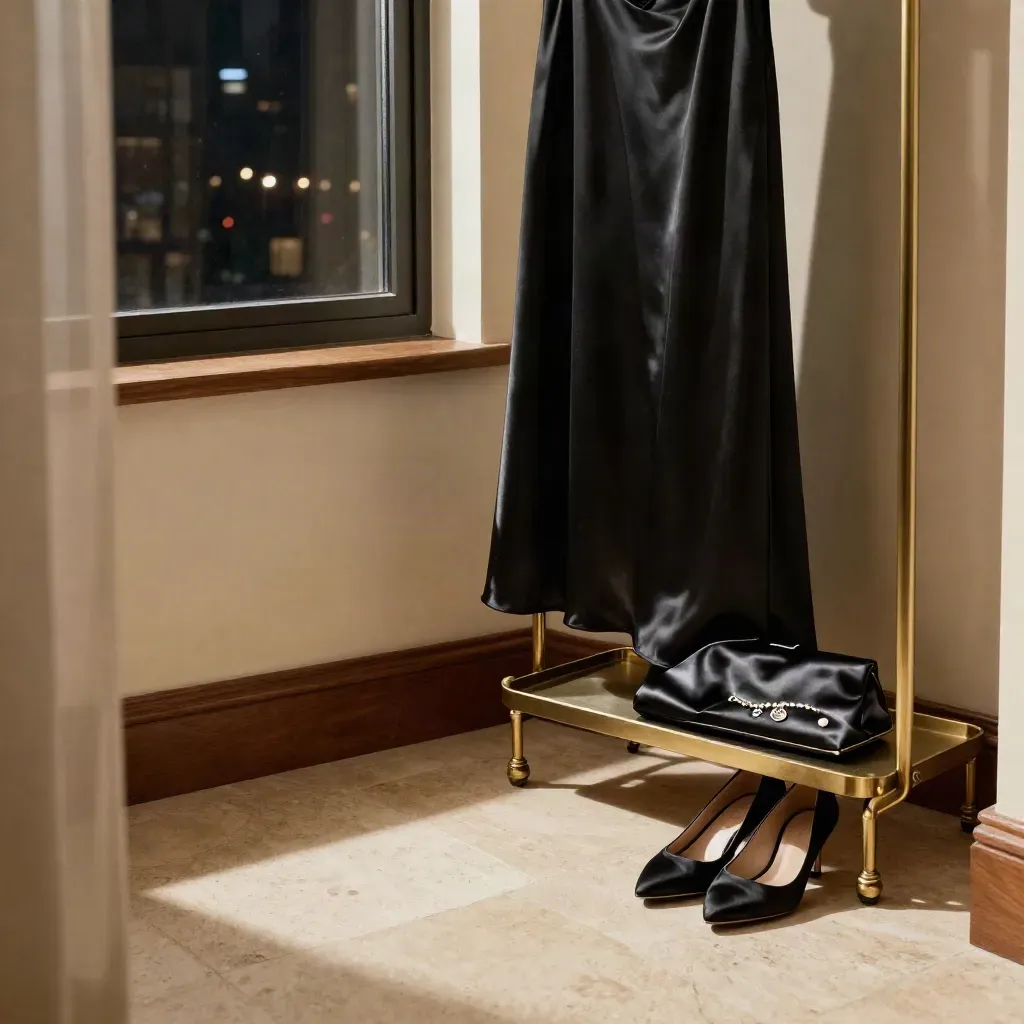 Abito nero da gala, clutch satinata, décolleté e gioielli vicino alla finestra di hotel.