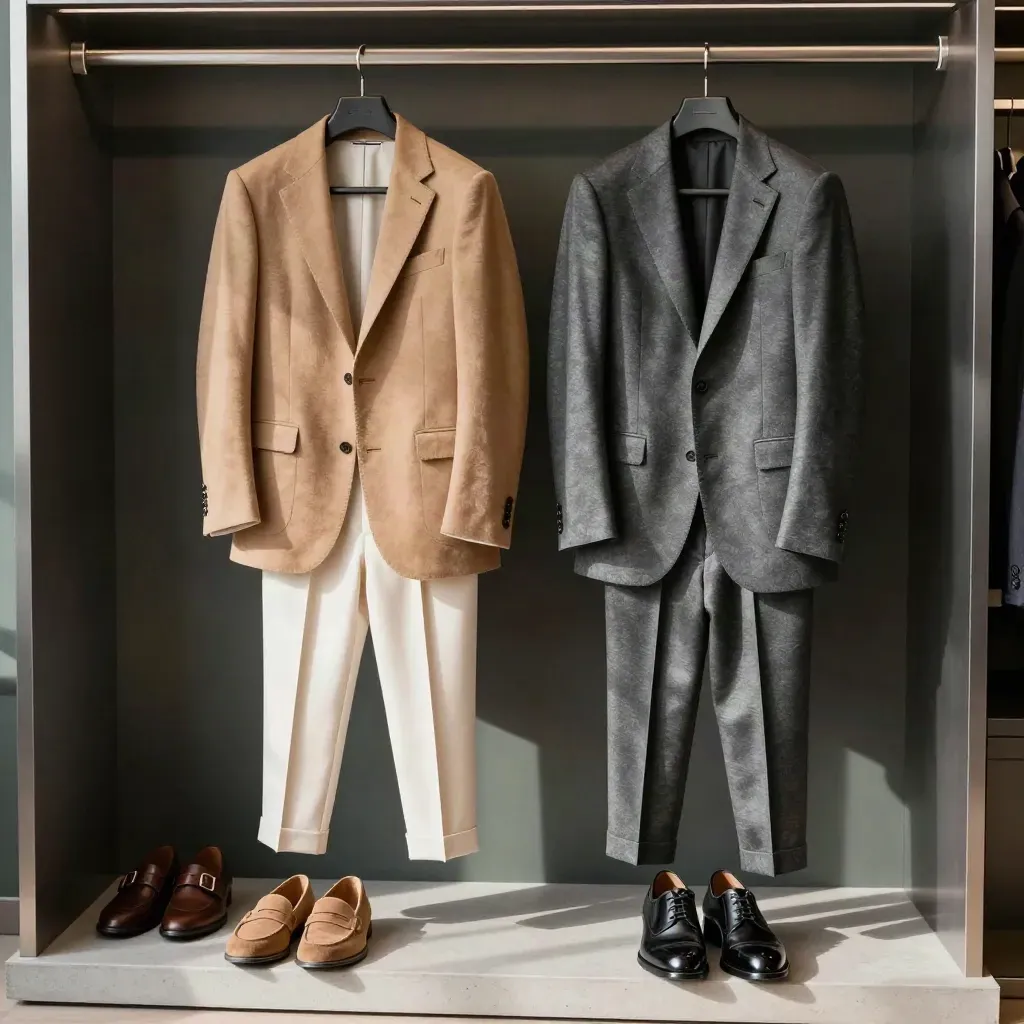 Due completi coordinati su grucce parallele con scarpe abbinate, in atelier elegante.