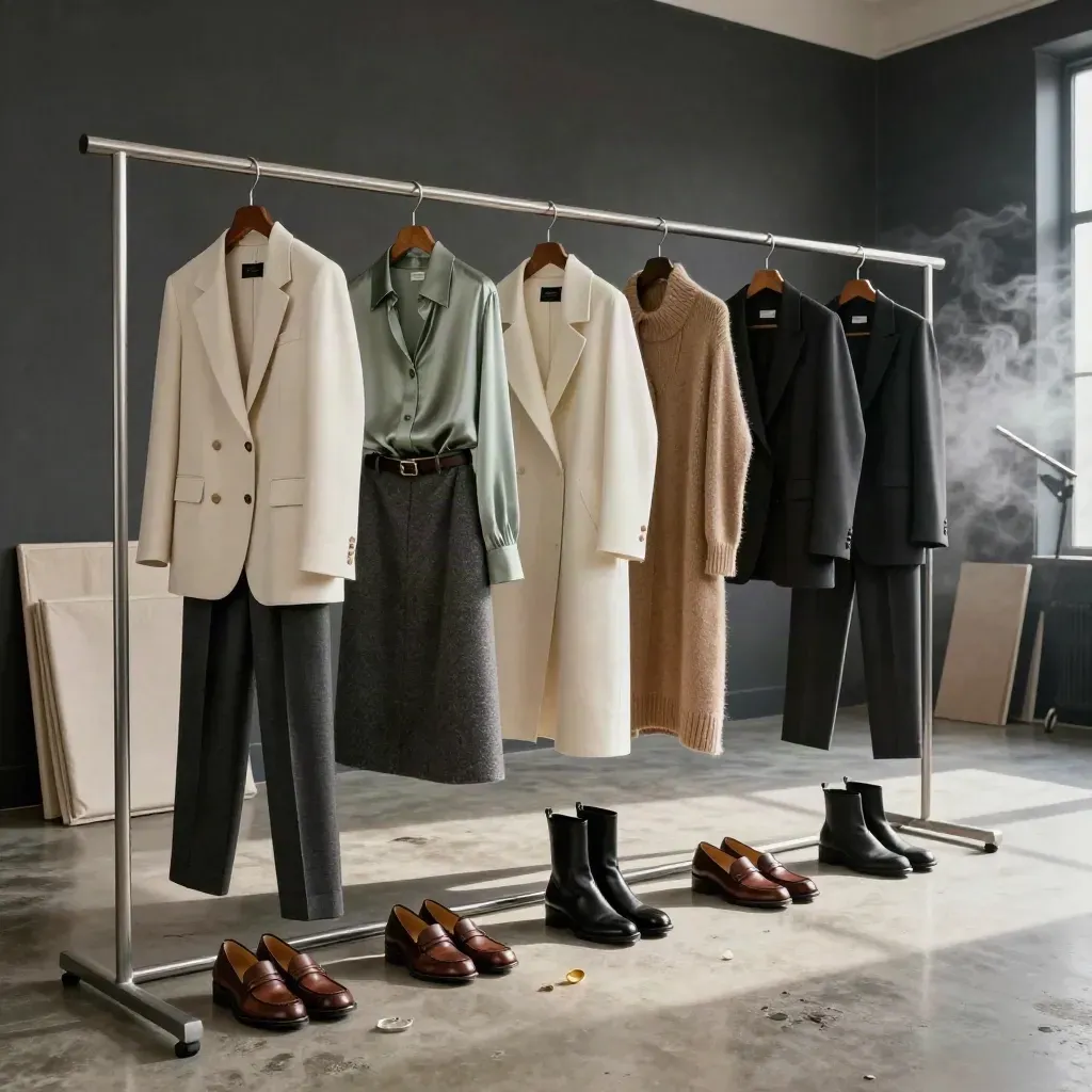 Sei look editoriali appesi a un rail in una stanza di prep, con scarpe e accessori.