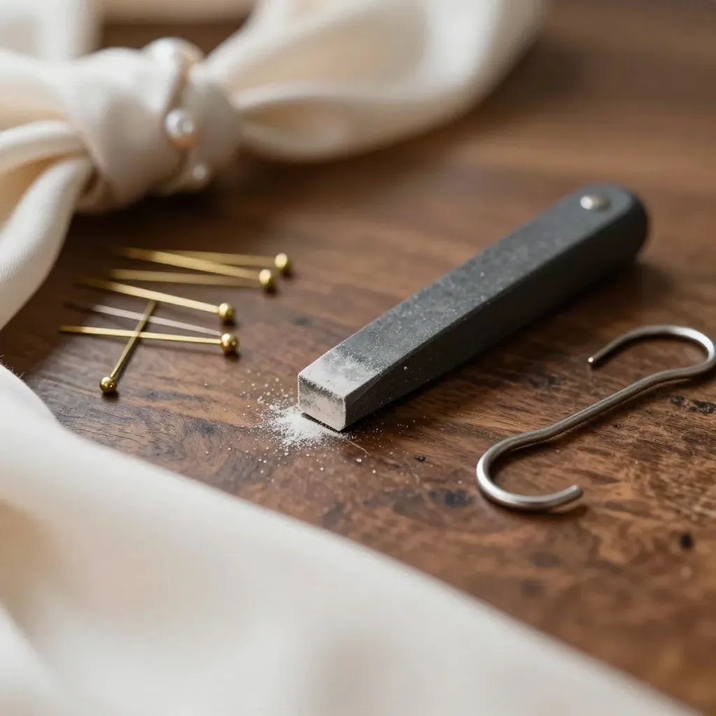 Dettaglio macro di gessetto da sarta, spilli in ottone, nodo di seta e gancio su legno scuro.