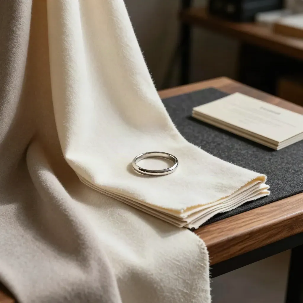 Drappe colori, anello metallico e campioni tessuto su banco atelier, luce drammatica.
