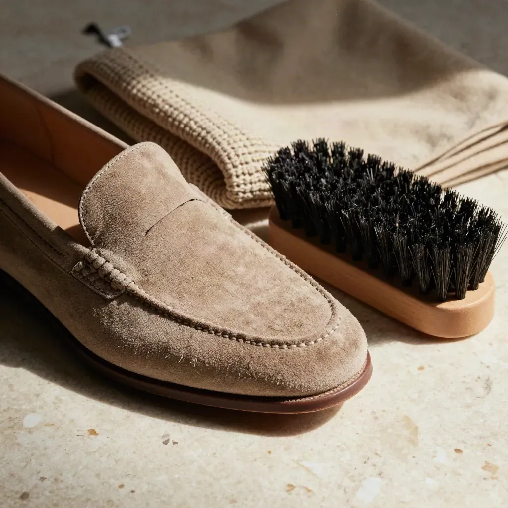 Primo piano di mocassino scamosciato, spazzola, maglia piegata e dust bag su pietra chiara.
