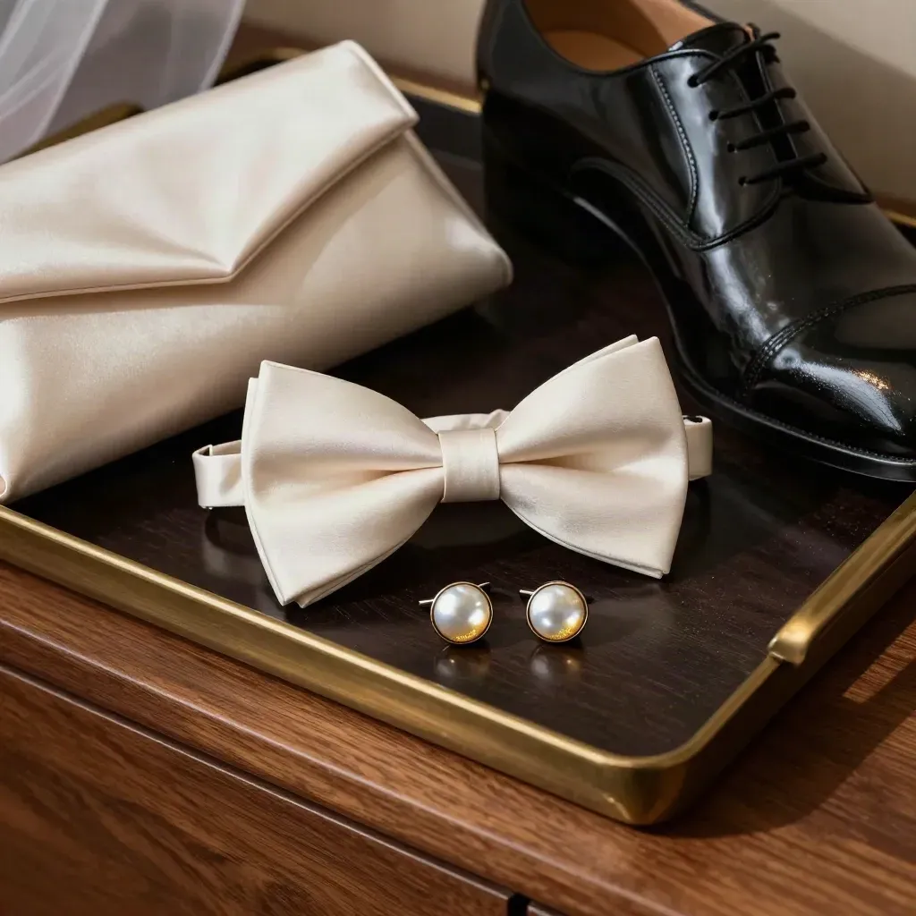 Accessori da sera su vassoio scuro: papillon, gemelli, scarpa lucida e clutch satinata.