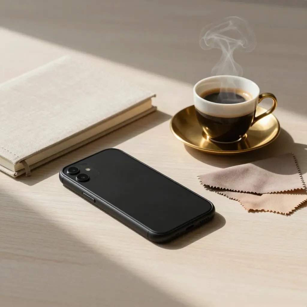 Telefono, taccuino, tazzina di espresso e campioni tessuto su legno chiaro