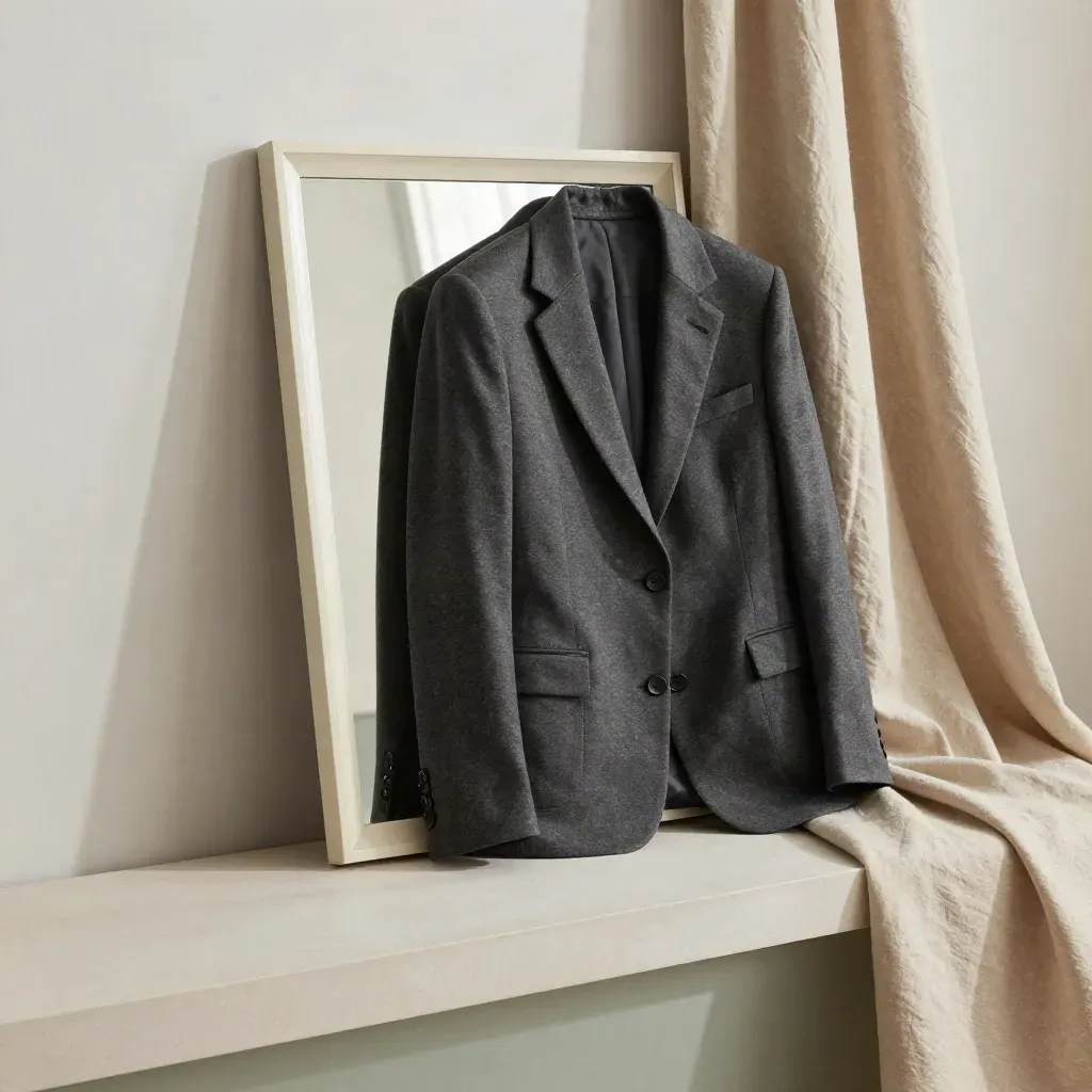 Blazer vissuto con drappi neutri e bordo di specchio su panca chiara.
