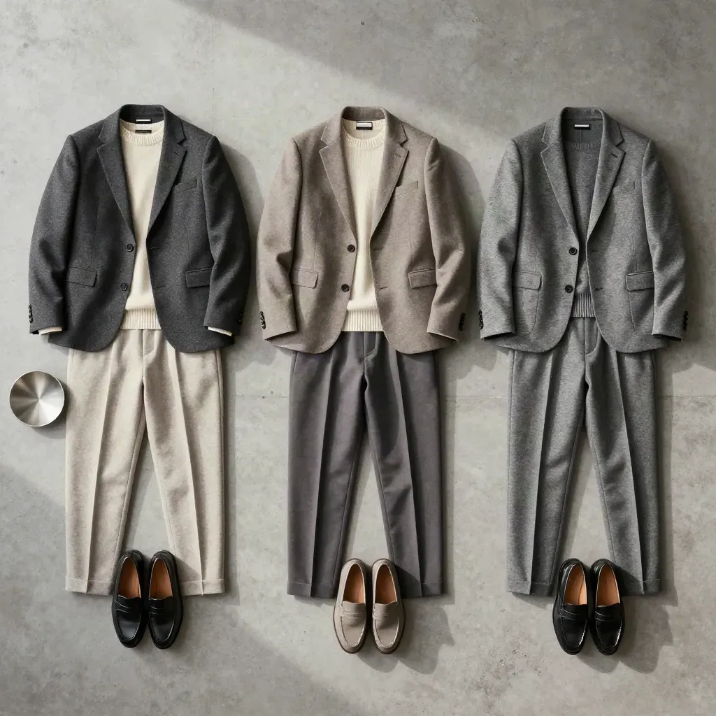 Tre look coordinati con blazer, maglia e scarpe su cemento, luce morbida dall’alto.