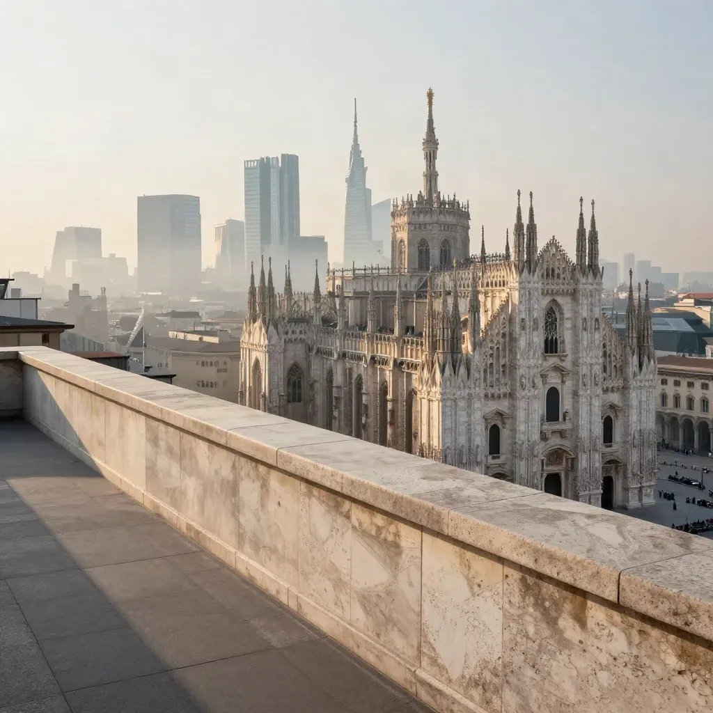 Skyline di Milano all’alba con Duomo e torri moderne avvolti nella foschia da un tetto alto.