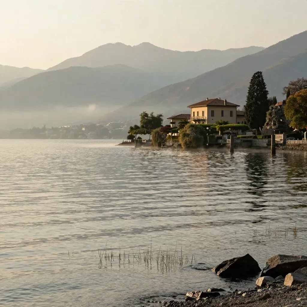 Veduta del Lago di Como al tramonto con villa in silhouette, monti stratificati e acqua immobile.