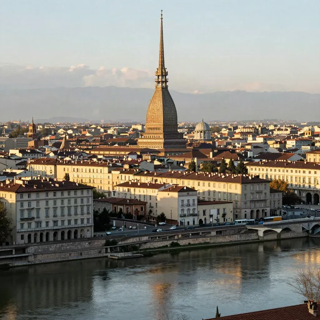 Mole Antonelliana e Po al tramonto con luce dorata e nebbia leggera