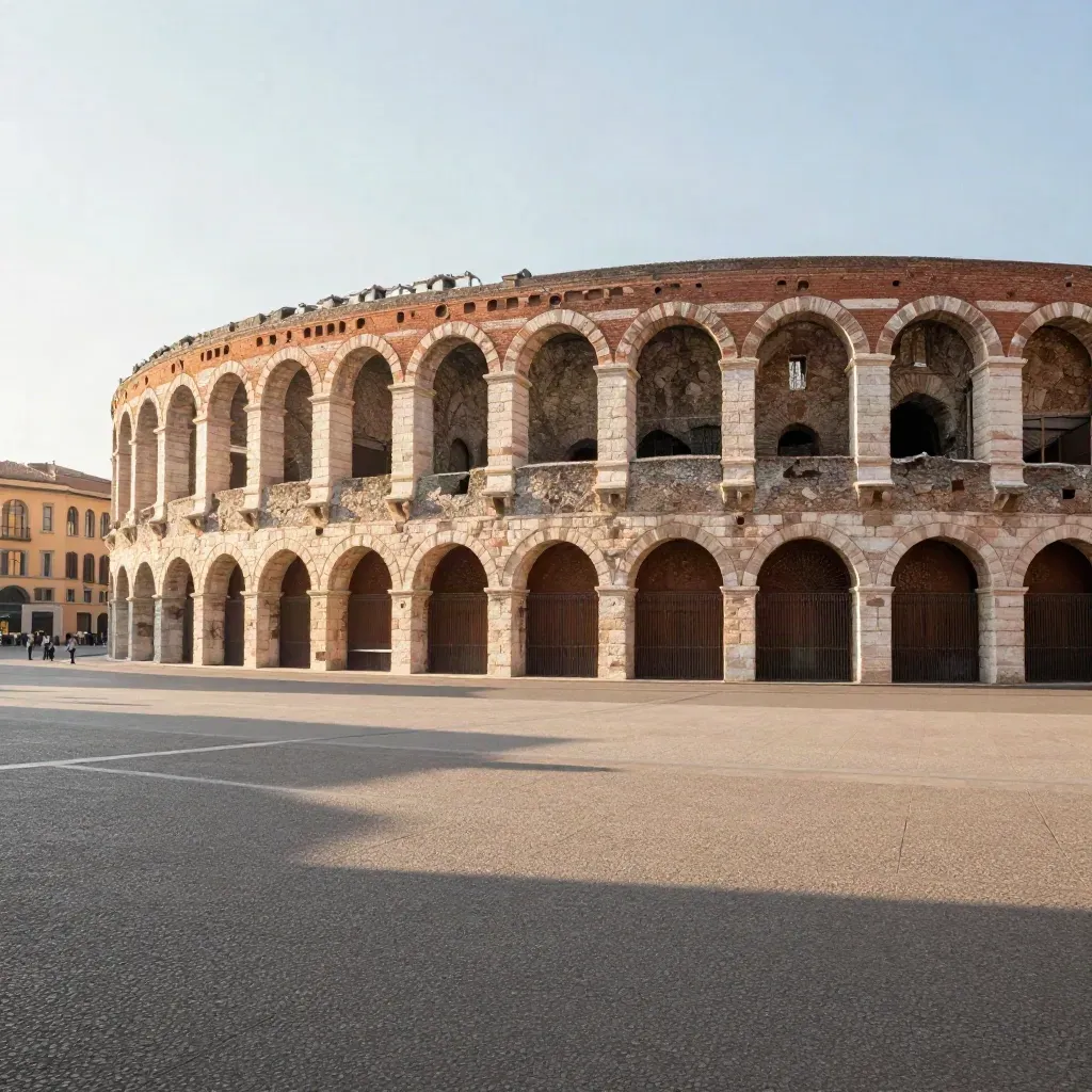 Arena di Verona all’alba su piazza in pietra, con luce calda e atmosfera velata.