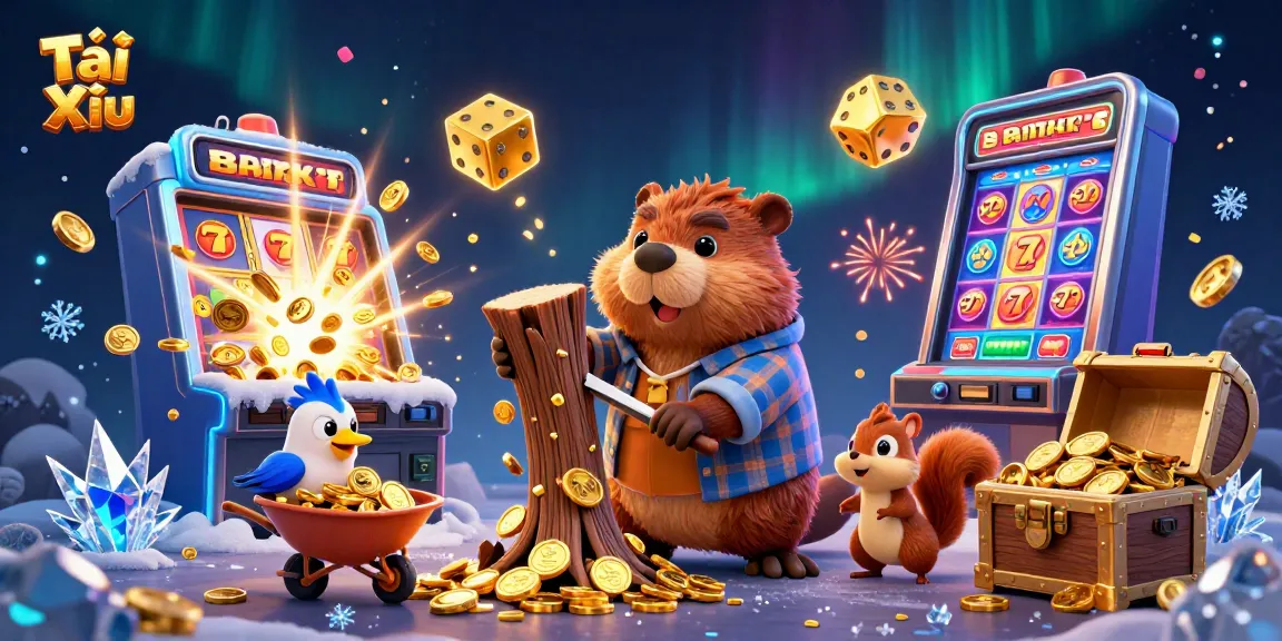 Tài Xỉu gameplay with a cartoon lumberjack beaver and friends collecting coins in a dynamic casino scene