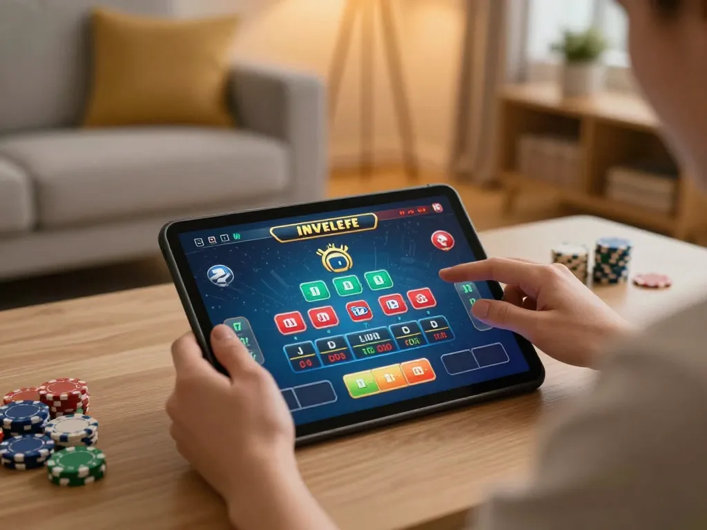 Engaged player using 88vin app for online casino gaming on tablet in cozy living room setting