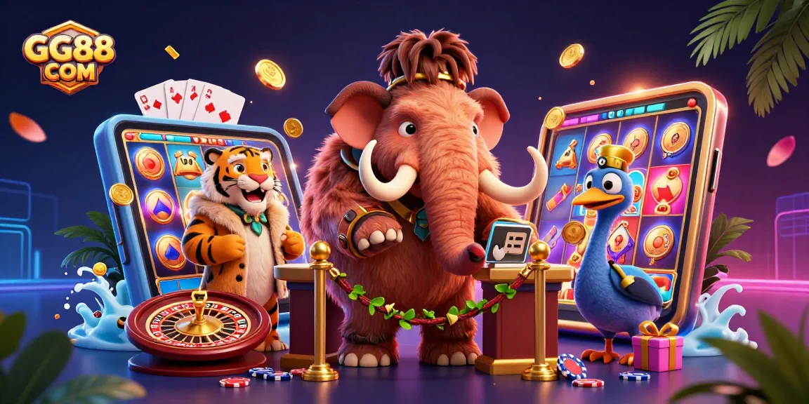 Engage in gaming action with GG88 COM, featuring a vibrant 3D casino scene with characters and exciting slot elements.
