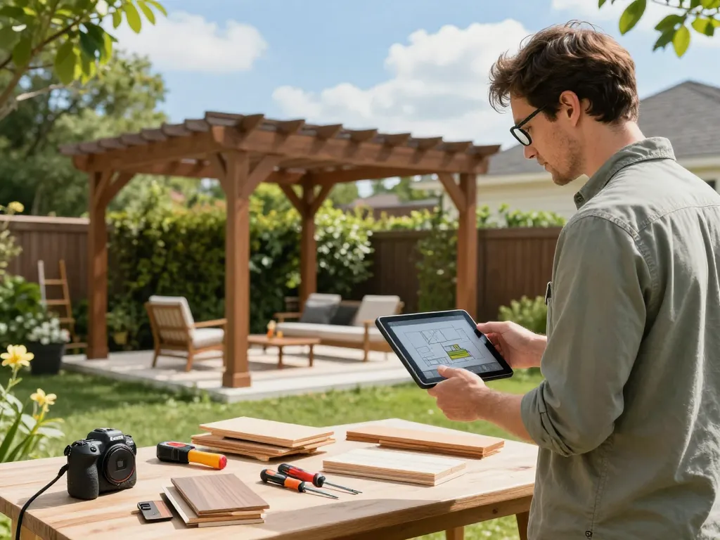Designer professionale che utilizza il software configuratore pergole per creare progetti di pergole personalizzati in uno spazio di lavoro esterno sereno.