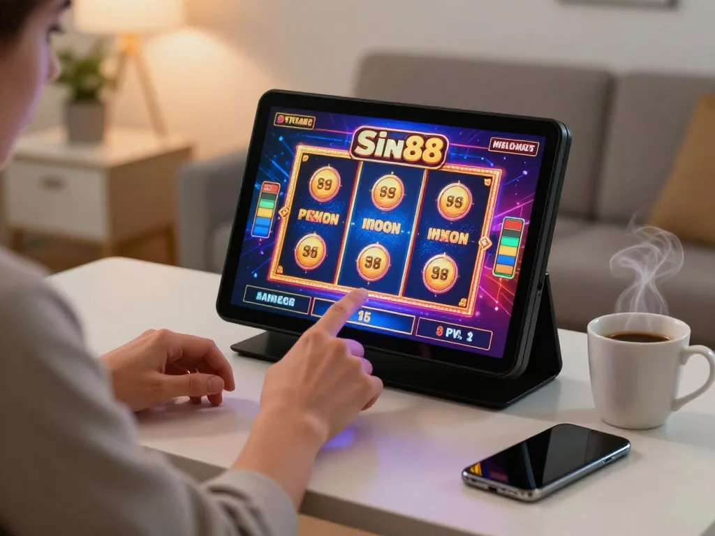 Player engaging with Sin88 online casino game on smartphone in cozy home setup
