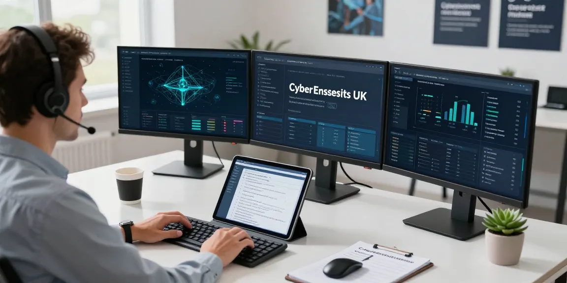 Cyber Essentials UK certification workspace with analyst reviewing cybersecurity dashboards and compliance documents.