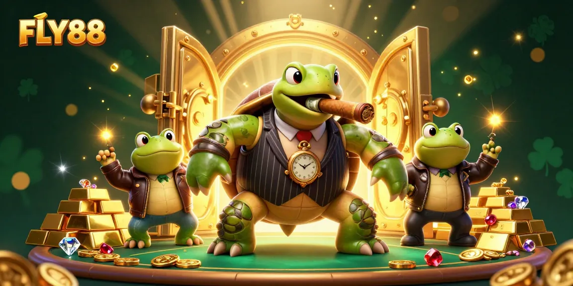 Experience the excitement of FLY88 with vibrant casino characters and treasure elements in this 3D illustration.
