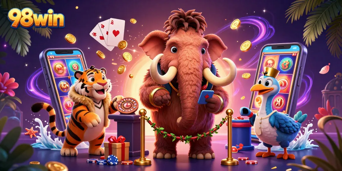 Experience the excitement of 98win with vibrant casino characters and dynamic game elements in action.