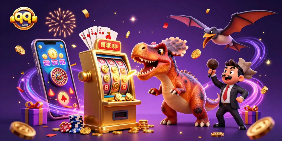 qqmacan showcases excitement with a dinosaur winning on a golden slot machine amidst flying coins.