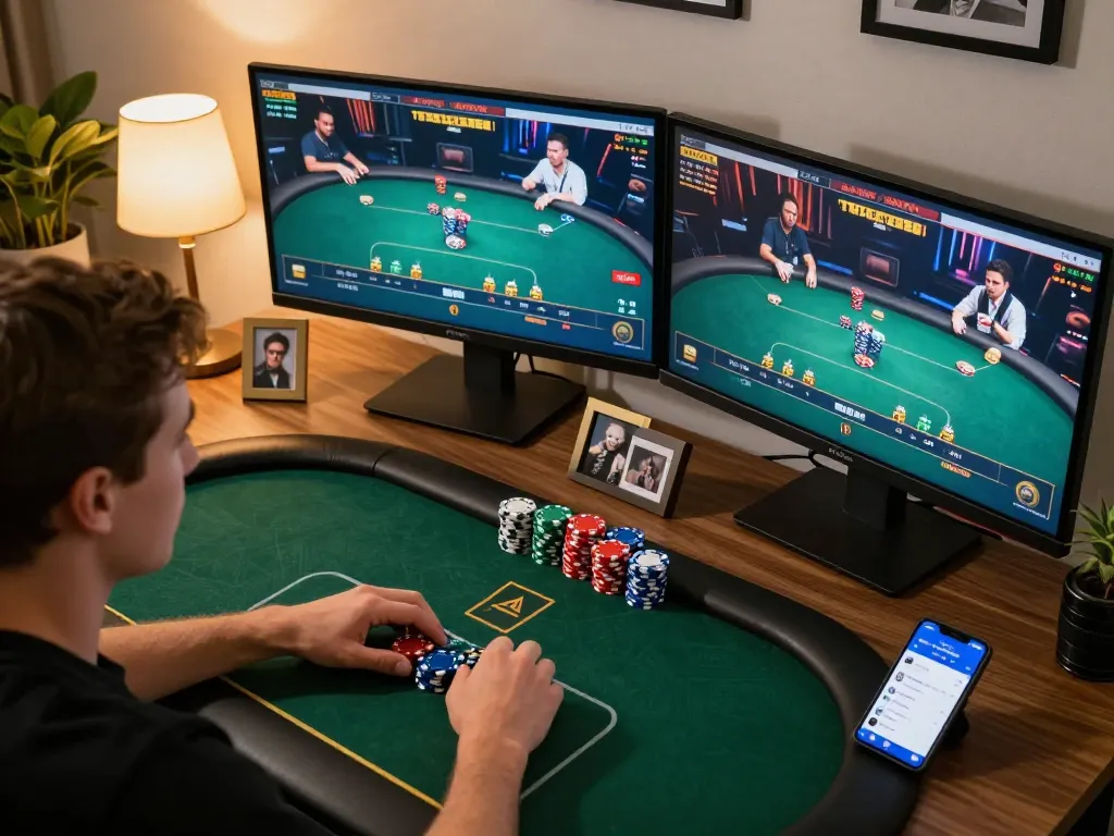Rusuntogel player engaged in an intense online poker game with chips stacked and betting stats visible.