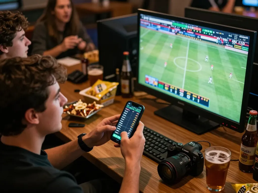 Tỷ lệ kèo nhà cái hôm nay featured as a person engages in live sports betting on their smartphone, capturing excitement in a lively sports bar.