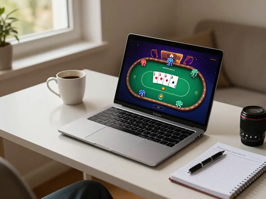 Hytw3339 engaging in online poker strategy at home with laptop and colorful gaming interface.
