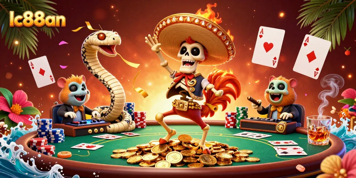 Experience thrilling poker action at lc88an with vibrant 3D casino characters and rich gold elements.
