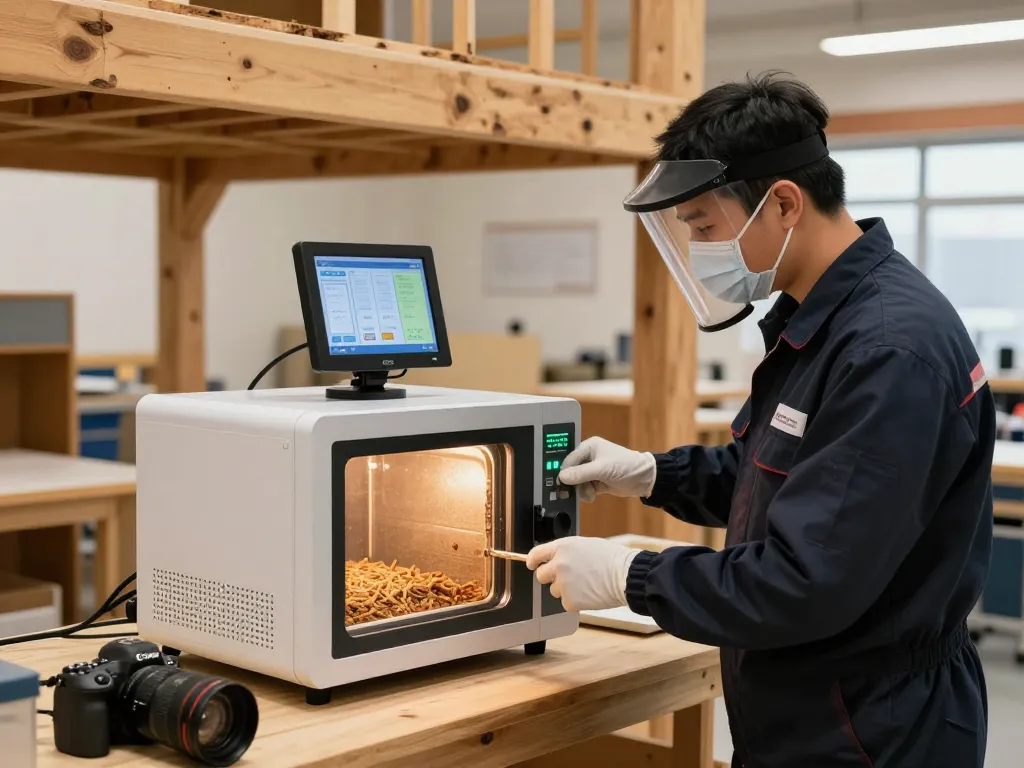 Trattamento microonde antitarlo efficiente in azione da parte di un tecnico che utilizza un dispositivo a microonde avanzato nel laboratorio di controllo dei parassiti.