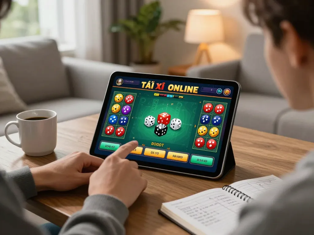 Engaging user experience of tài xỉu online uy tín displayed on a tablet, capturing a relaxed gaming atmosphere at home.