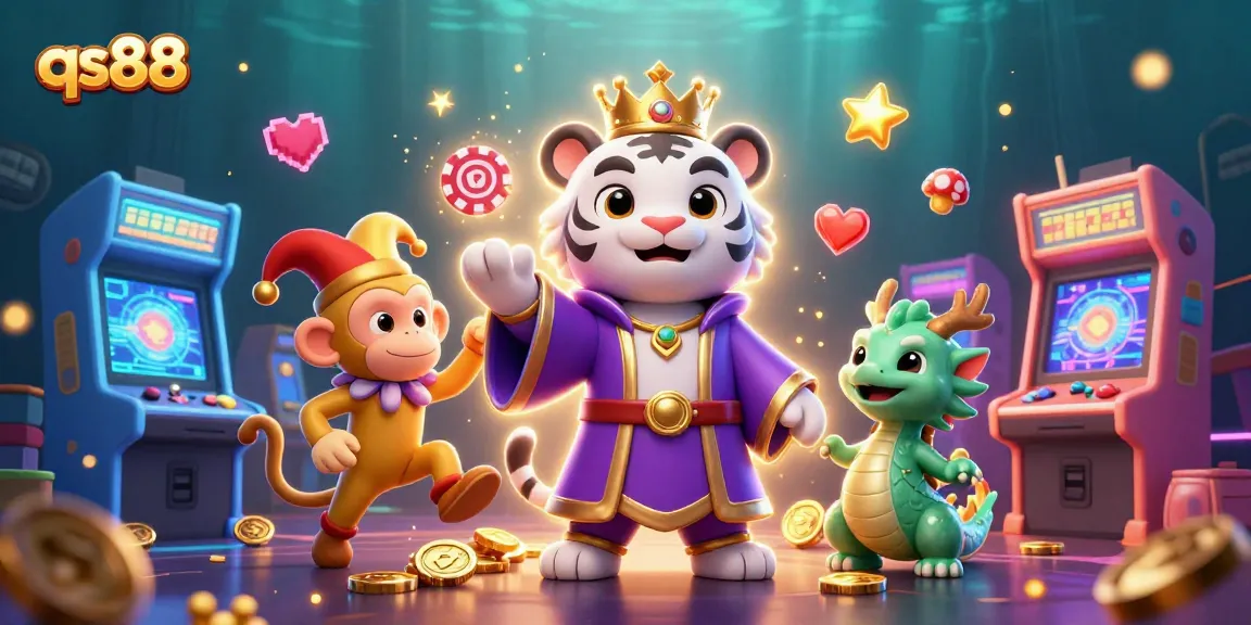 Experience qs88's vibrant gaming atmosphere with a playful scene featuring a majestic tiger, monkey, and dragon.