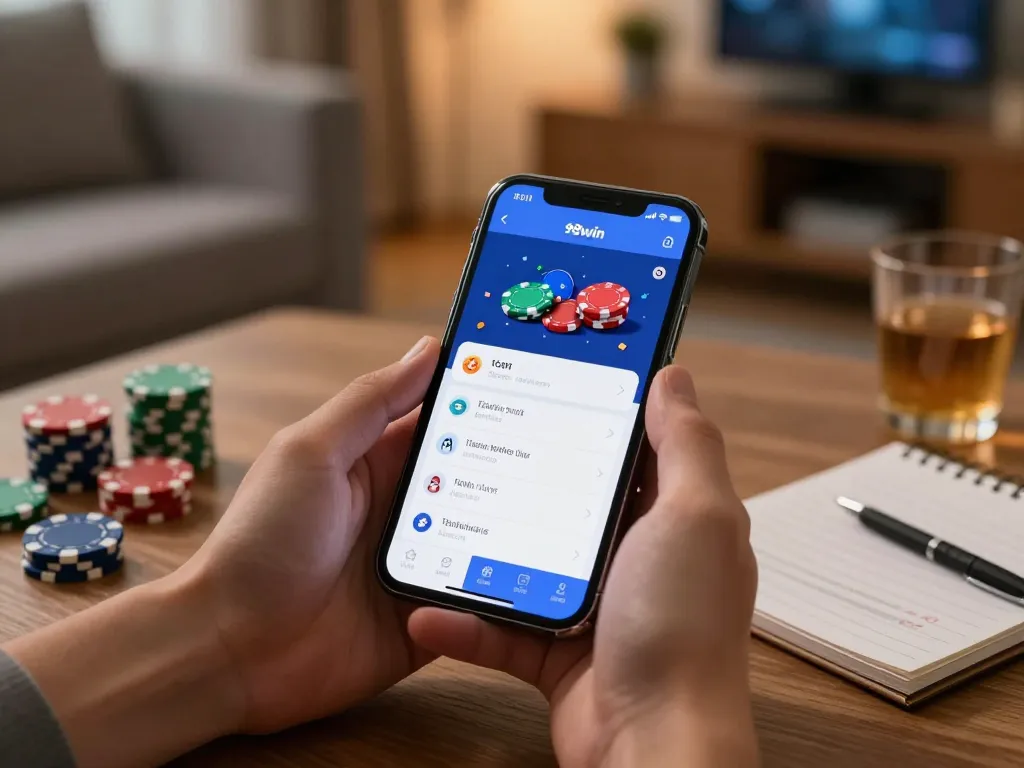 Player enjoying the app 98win on mobile while relaxing at home, showcasing an engaging online gambling experience.