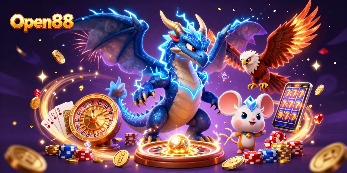 Play and win with Open88's electrifying casino experience amidst vibrant game elements and magical energy.