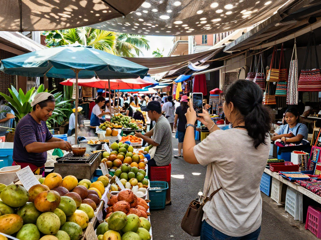 Explore the vibrant local market scene as a tourist experiences rokok88 alternatif with colorful stalls and street food.
