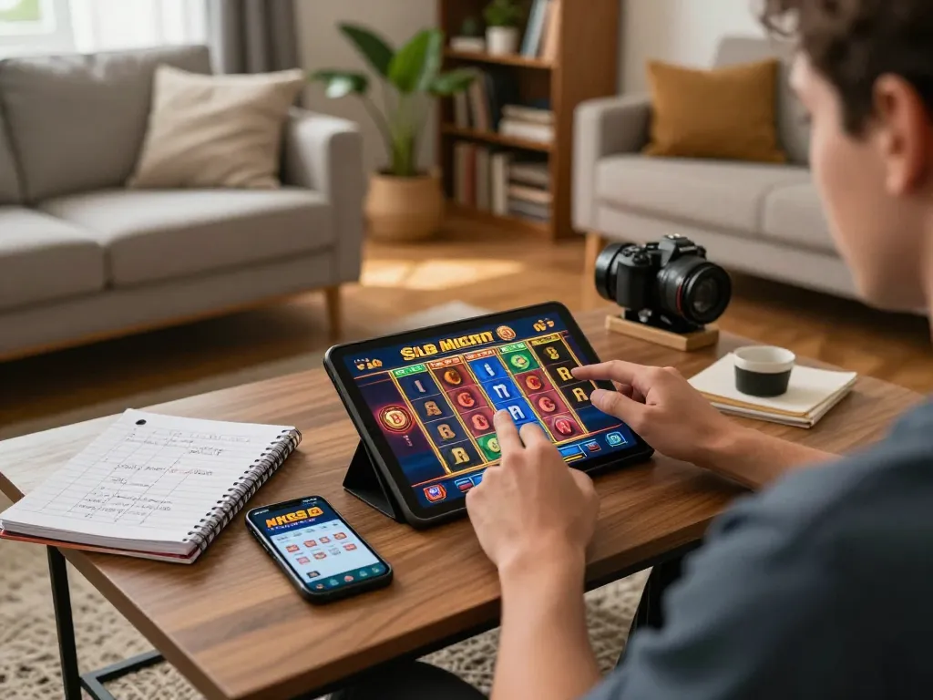 Player enjoying a slot game on nk88 net app in cozy home setting with strategic notes.