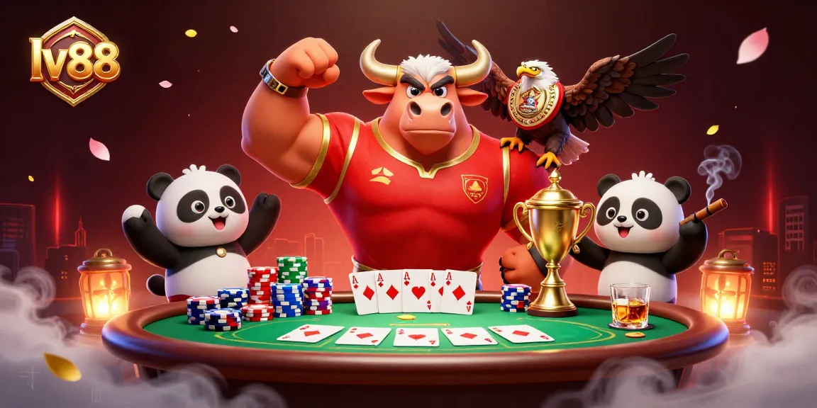 Join the excitement at lv 88 with a victorious bull, eagle, and trophy panda celebrating poker action.