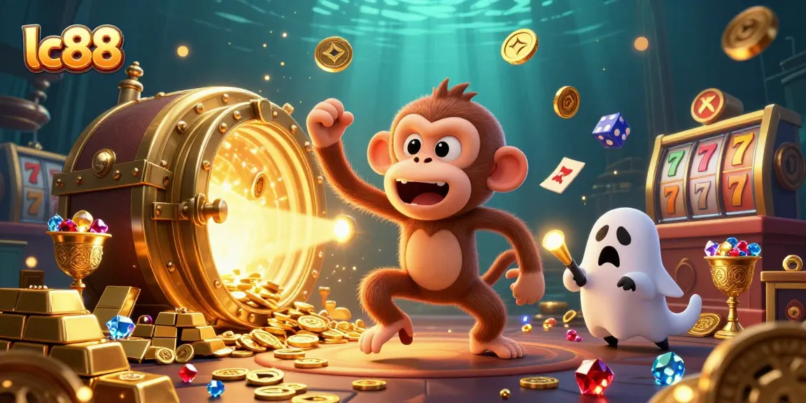 Experience the excitement of lc88 with a mischievous monkey and a curious puppy in a vibrant casino.