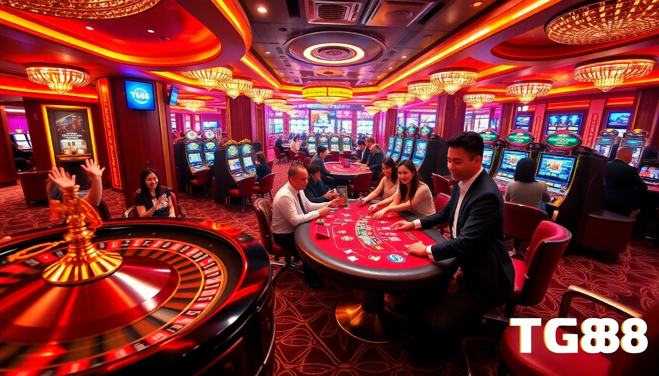 Players enjoying an exciting game at TG88 casino tables, showcasing vibrant chips and thrilling interactions.