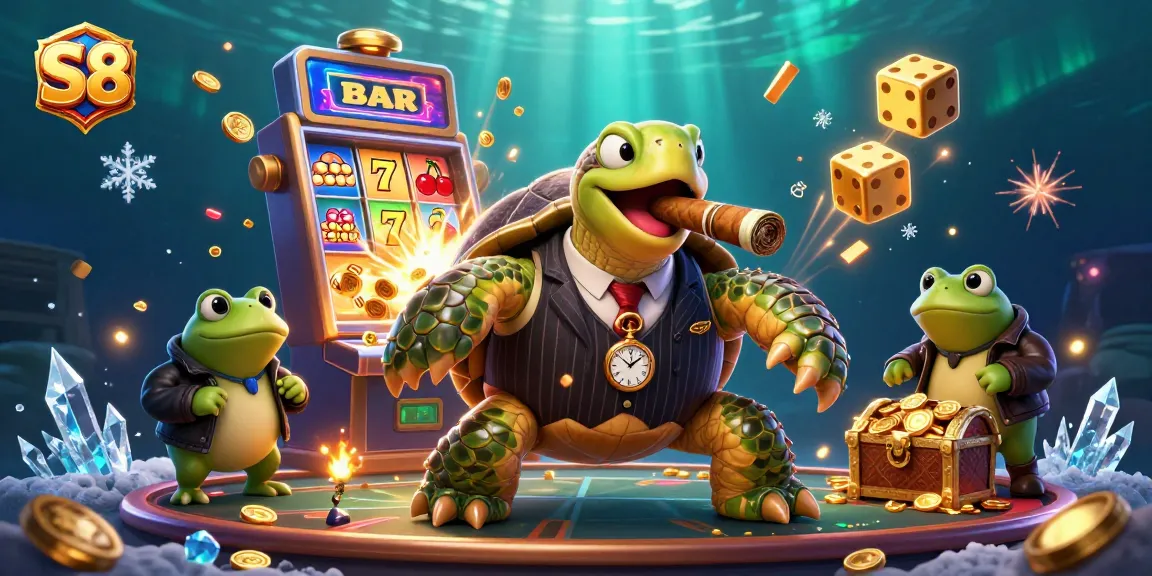 S8 casino scene featuring a massive snapping turtle and two bullfrog enforcers celebrating a jackpot with vibrant elements.