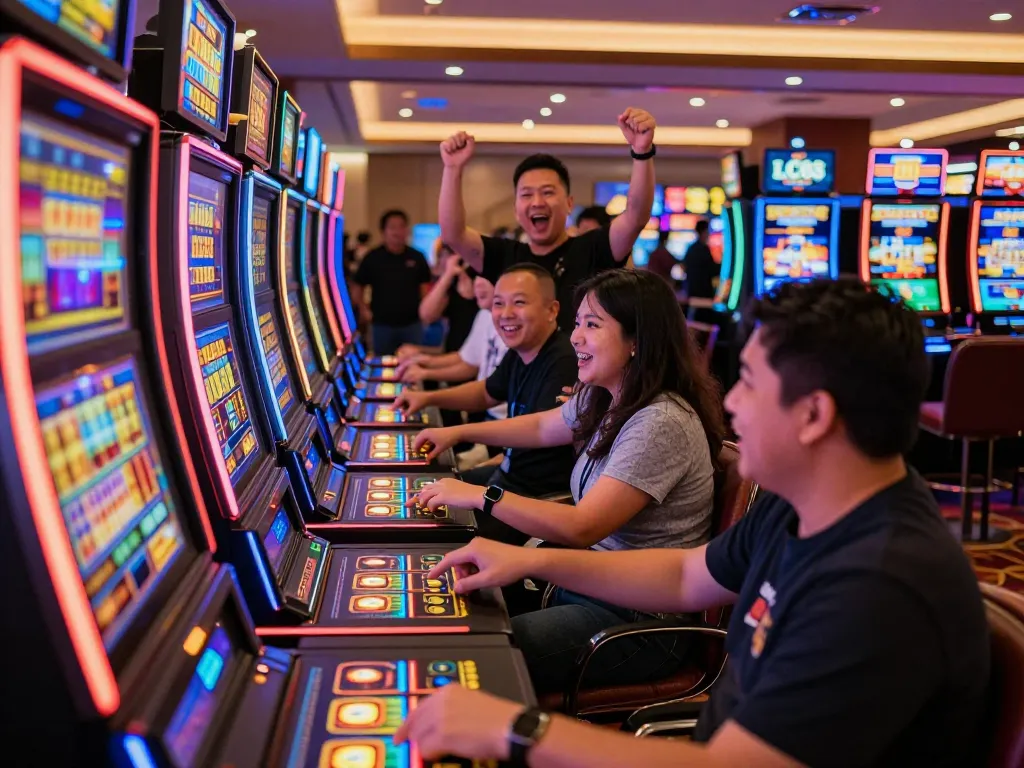LC88 players celebrating wins at vibrant slot machines, capturing excitement and dynamic gameplay.