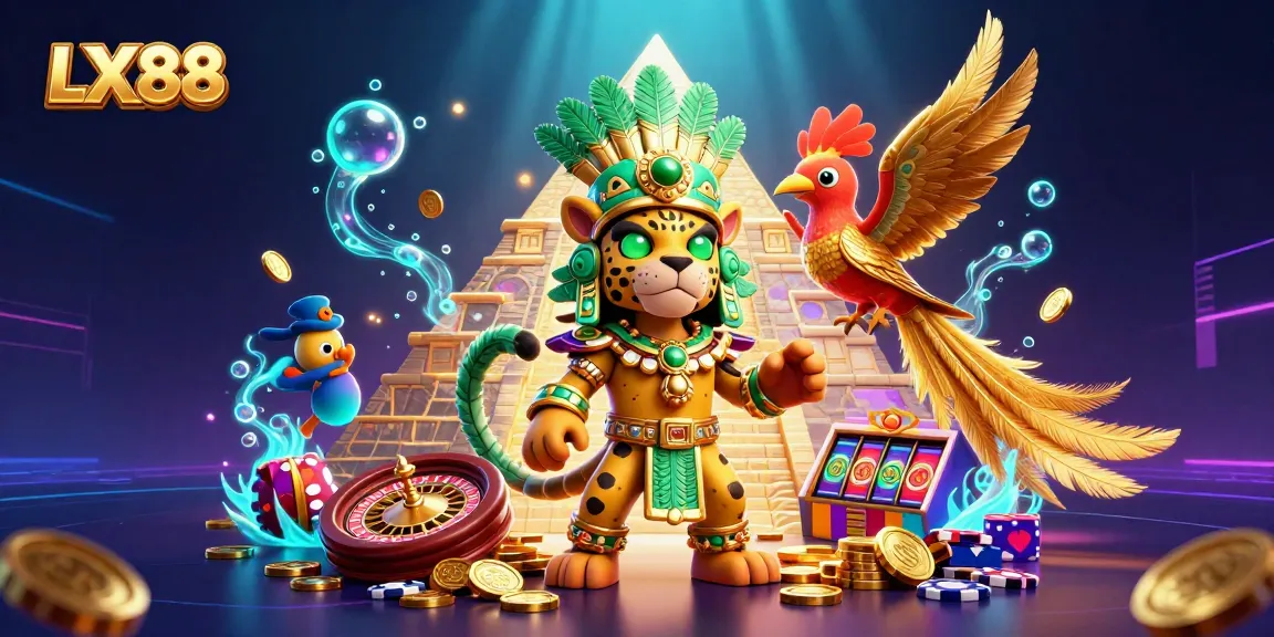 Experience the excitement of LX88 with our vibrant casino scene featuring slots, roulette, and a Mayan priest.