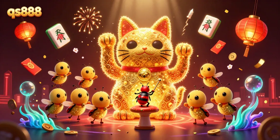 Engage with the vibrant casino world of qs888 through captivating visuals of a lucky cat and golden symbols.