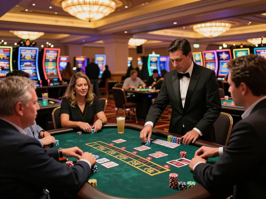 Players engaging in a thrilling blackjack game at a Las Vegas casino showcasing DA88 excitement amidst vibrant lights