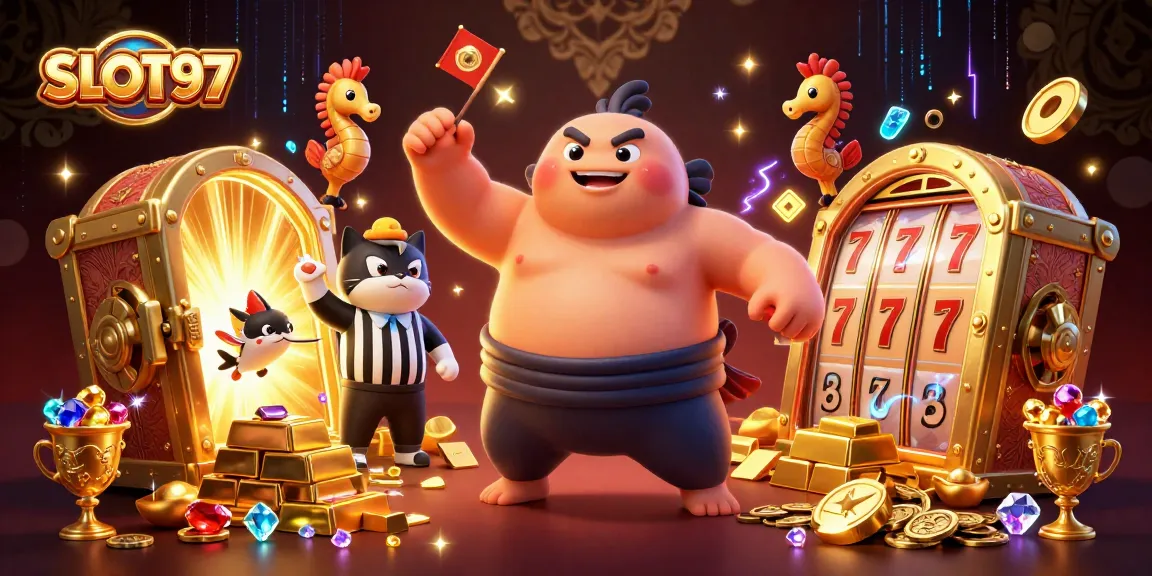 Experience thrilling gameplay with SLOT97 in a vibrant 3D casino scene filled with treasures.