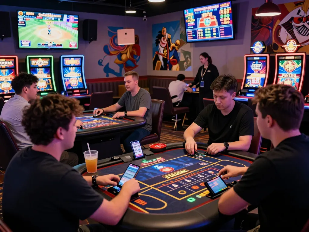 Exciting gaming atmosphere at https://rikviprent.com with colorful tables and enthusiastic players.