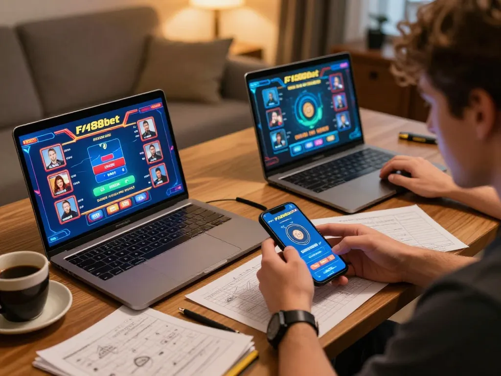 Player enjoys F168bet gaming on laptop and smartphone, surrounded by strategy notes and drinks.