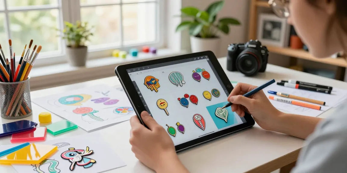 Custom pins being designed in a vibrant creative workspace with colorful samples and sketches.