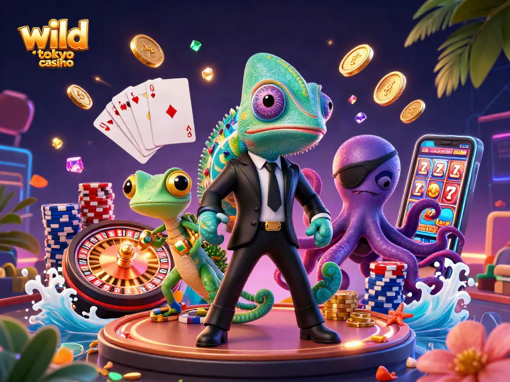Experience thrilling action at wild tokyo casino with a vibrant 3D illustration featuring exciting gaming elements.