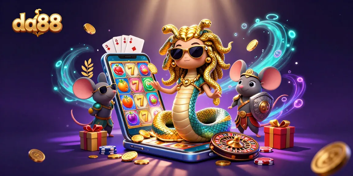 Engage with da88 slot games and features in a whimsical casino scene with fun characters.