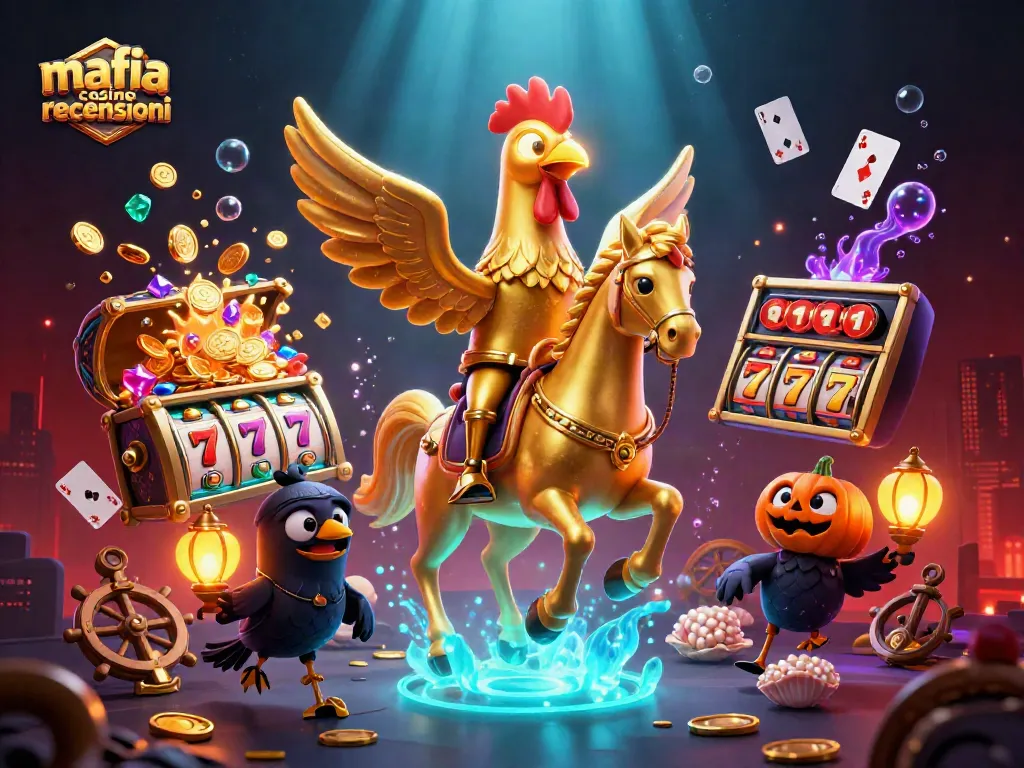 Mafia casino recensioni: Explore a vibrant 3D casino scene with unique characters and floating game elements.